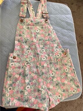 Colette Lilly Girls Floral Pink Green Overall Shorts - Kids Bottoms